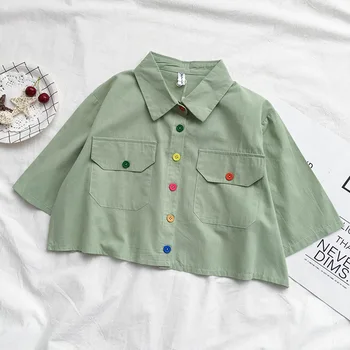 Vasaros Harajuku Apykaklės Pasėlių Balti Marškiniai Korėjos Mielas Mygtuką Trumpa Palaidinė Ponios Drabužiai Derliaus Prarasti Žalia Lino Viršuje Femme