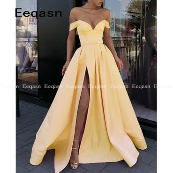 Geltona nuo Peties Seksualus gala suknelė Aukštos Plyšinės Linijos, Elegantiškas Satino Prom Dresses Ilgai Šalies Vakare Chalatai 2020 Plus Size