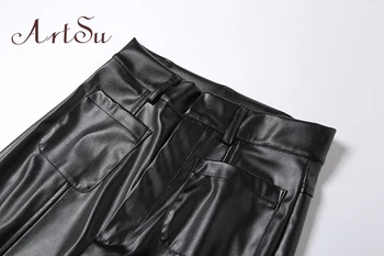 Artsu Kietas Dirbtiniais PU Oda Moterų Tiesios Kelnės Rudenį Elegantiškas Mados Streetwear Didelis Juosmens Pakelių Aktyvus Kelnių 42116