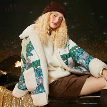 ELFSACK Grafinis Kratinys ėriukų vilna Negabaritinių Gobtuvu 90% Baltos spalvos Pūkų Paltai Moterims,2020 M. Žiemos korėjos Ponios Šiluma Kasdien Outwear