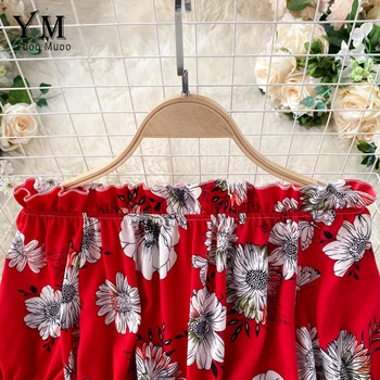 YuooMuoo Korėjos Mados Nereguliarus Raukiniai Moterų Suknelė Vasaros Off Peties Gėlių Spausdinti Paplūdimio Boho Suknelė, Prašmatnus Lady Atostogų Suknelė
