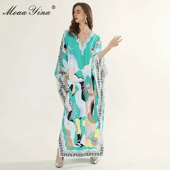 MoaaYina Mados kilimo ir tūpimo Tako suknelė Pavasario Vasaros Moterų Suknelė V Kaklo Batwing Rankovėmis Plius Dydis Prarasti Maxi Suknelės