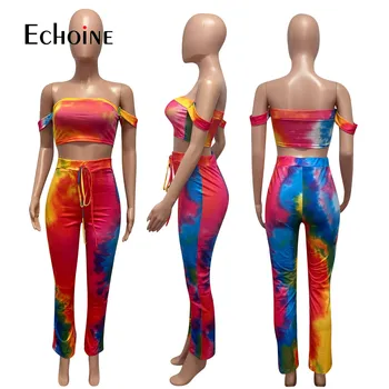 Echoine vasarą tie dažai spausdinti Moterų sexy stebėjimo pasėlių viršuje blyksnius padalinta sweatpants kostiumas, dviejų dalių komplektas sporto atitikimo rinkinys apranga