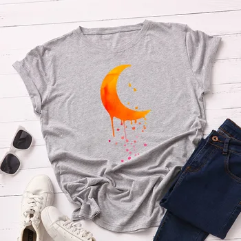 Plius dydis S-5XL medvilnės moterų print t-shirt harajuku vasaros mėnulis lietaus lašas basic marškinėliai, ponios viršūnes atsitiktinis atostogų marškinėlius
