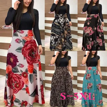 Vasaros 2020 Moterų Suknelė Vestido Gėlių Spausdinti Susiuvimo Elegantiškas Ilgų Suknelių Mados Bodycon Derliaus Maxi Suknelė Plius Dydis S-5XL