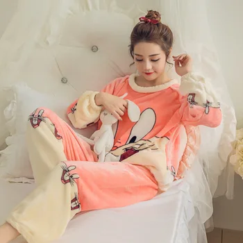 Merginos Flanelė Pižama Rinkiniai Animacinių Filmų Sleepwear Kostiumas Moterims, Žiemą Namuose Drabužius Visą Rankovės Suaugusiųjų Homewear Moterų Pijamas Anime Kostiumas