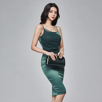 Žalia Vienas gabalas Korėja Suknelė moterims Vasaros Rankovių įgulos kaklo Dėmių Sundress Seksualus Ponios Klubas dirželiai Midi bodycon Suknelės