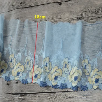 18cm plotis(2yds/lot)mėlyna gazas geltonos spalvos gėlių Siuvinėjimas nėrinių apdaila drabužiai ir vestuvių puošmena-17090301