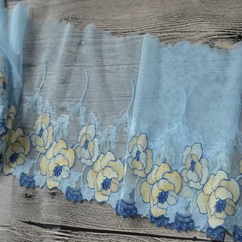 18cm plotis(2yds/lot)mėlyna gazas geltonos spalvos gėlių Siuvinėjimas nėrinių apdaila drabužiai ir vestuvių puošmena-17090301