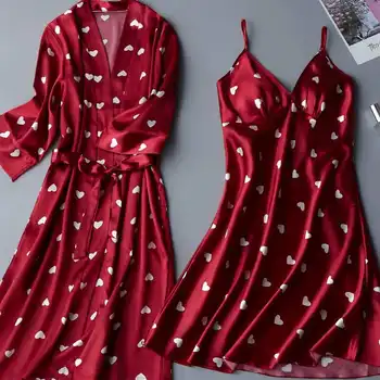 2VNT Nustatyti Moterų pižamą Vasaros Sleepshirt Plius Dydis Moterų Sleepwear Sexy Lady Šilko Nighty Rankovių Gėlių Miego Drabužiai