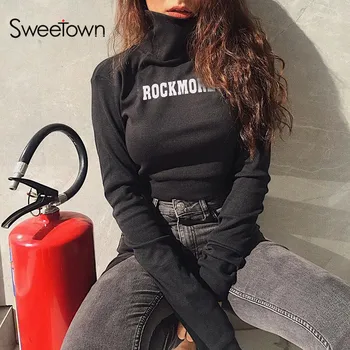 Sweetown Rudens Mados Briaunoti Golfo Pasėlių Palaidinukė Moterų Žiemos Drabužių Simbolių Spausdinimo Ilgomis Rankovėmis Streetwear Puloveriai