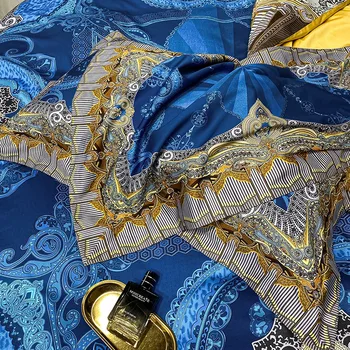 Ryškių Spalvų, Bohemijos Karaliaus Mėlyna Geltona Antklode Padengti nustatyti Prabangius 600TC Minkštos Egipto Medvilnės Patalynės komplektas paklode pagalvių Užvalkalai