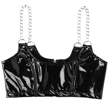 Moterų Mados Latekso Šalies Clubwear Viršūnes Metalo Grandinės Dirželis Pasėlių Viršų Atgal Užtrauktuką Lakinės Odos Rankovių Camisole Vest Viršūnės