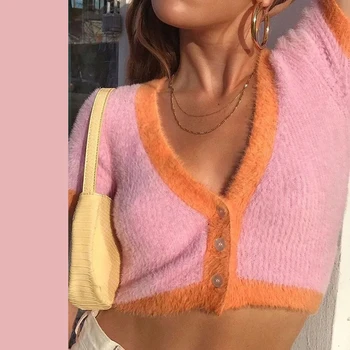 IAMSURE Streetwear Kratinys Trumpas Rankovės Y2K Apkarpytos susagstomi megztiniai Megztinis Moterims 2020 M. Rudenį V Kaklo Atsitiktinis 90s Mielas Megztinis
