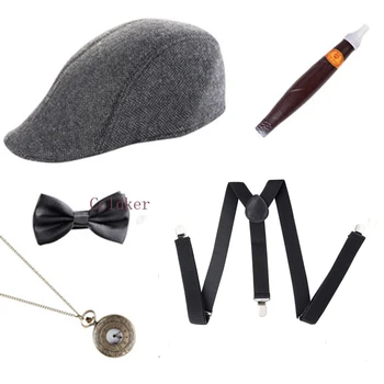 Kostiumų Priedai Mens 1920 20s Gangsteris Nustatyti Skrybėlę Petnešos Kaklaraištis Cigarų Gatsby Rinkinys Vėrinys