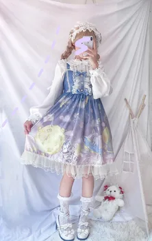 Japonijos Kawaii Lolita Dress Flouncing Nėrinių Apdaila Lolita OP Suknelė Moterims Gotikos Animacinių filmų ilgomis Rankovėmis Princess arbatėlė Suknelės