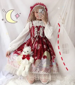 Japonijos Kawaii Lolita Dress Flouncing Nėrinių Apdaila Lolita OP Suknelė Moterims Gotikos Animacinių filmų ilgomis Rankovėmis Princess arbatėlė Suknelės