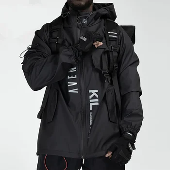 Vyrai Krovinių Švarkelis, Striukė Tamsiai Stiliaus Multi Kišenės Laiškas Spausdinti Streetwear Hip-Hop Taktinis Kailis Techwear Striukė 2020 M. Žiemos