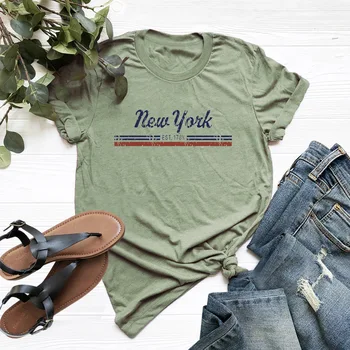 Plius Dydis S-5XL Juokinga T Shirts, New York Laiškas Spausdinti Marškinėlius Moterims Medvilnės O Kaklo trumpomis Rankovėmis Viršūnes Moterų Marškinėliai Streetwear