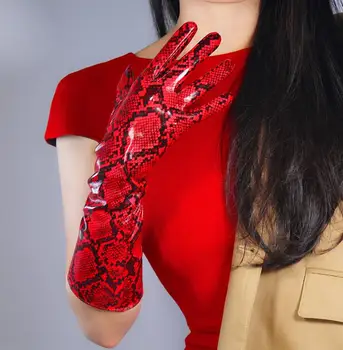 Moterų mados seksualus slim raudona snakeskin dirbtiniais pu odos pirštinės lady klubo veiklos oficialų šalies odos ilgos pirštinės 50cm R2318