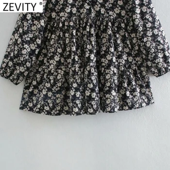 Zevity Moterų Derliaus Pasukite Žemyn Apykaklės Gėlių Spausdinti Klostes Atsitiktinis Mini Suknelė Prairie Elegantiškos Ponios ilgomis Rankovėmis Vestido Suknelė DS4791