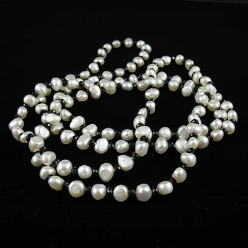 Unikalus Perlų papuošalų Parduotuvė 120cm Ilgio Perlų Papuošalai 4mm Juodas Krištolo Karoliukai 7-8mm Baroko Baltos spalvos Gėlavandenių Perlų Vėrinį