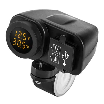 Motociklo USB Įkroviklis 4.2 LED Skaitmeninis Ekranas Voltmeter & Termometras 22-25 Mm tvirtinimas ant Rankenos Atsparus Vandeniui, Dulkėms