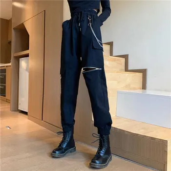 Kišenės Juoda Baggy Kelnės Moterims Korėjos Stiliaus Sweatpants Krovinių Kelnės Su Užtrauktuku Hip-Hop Harajuku Kelnės Ropa Mujer Pantalones