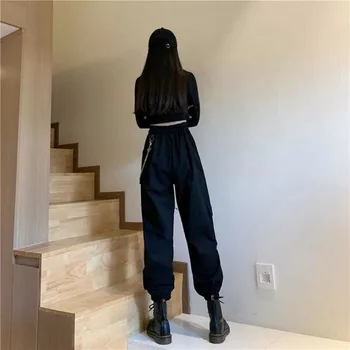 Kišenės Juoda Baggy Kelnės Moterims Korėjos Stiliaus Sweatpants Krovinių Kelnės Su Užtrauktuku Hip-Hop Harajuku Kelnės Ropa Mujer Pantalones