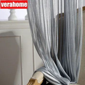 Šiuolaikinės Europos Kietas žakardo pilka juostelė tiulio vienspalviai voile užuolaidos sheers už kambarį miegamojo langai
