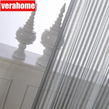 Šiuolaikinės Europos Kietas žakardo pilka juostelė tiulio vienspalviai voile užuolaidos sheers už kambarį miegamojo langai