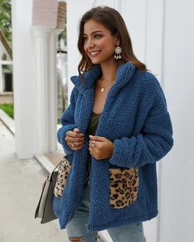 2019 Žiemos Naujas Stilius, Moterų Vilnos Kailis Šiltas Kailis Striukė Leopard Kišenėje Ilgomis Rankovėmis Su Užtrauktuku Mados Kailio Striukė Outwear