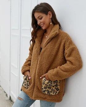 2019 Žiemos Naujas Stilius, Moterų Vilnos Kailis Šiltas Kailis Striukė Leopard Kišenėje Ilgomis Rankovėmis Su Užtrauktuku Mados Kailio Striukė Outwear