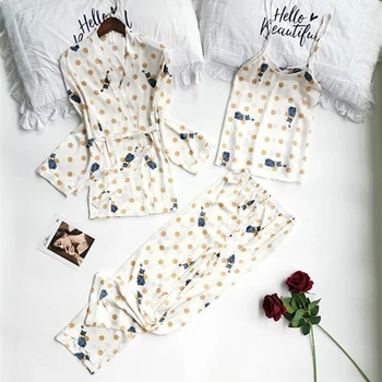 LIEPOS DAINA Pižama Rinkinys, 3 vnt Satino Dirbtiniais Šilko Moteris Gėlių Spausdinti Lady Pavasarį, Rudenį Sleepwear Diržas Kelnės Homewear