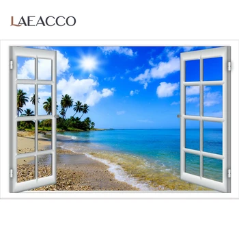 Laeacco Fotografijos Backdrops Atogrąžų Palmių Medžių Langą Sala Jūros Paplūdimį, Mėlyną Dangų, Scena, Foto Fonas, Photocall Foto Studija