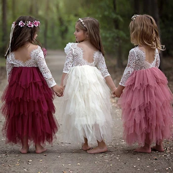 3-8Y Pavasarį Vaikų Mergaičių Suknelės ilgomis Rankovėmis Nėrinių Tutu Suknelė Gėlių mergaičių Kostiumai, Vestuvių Ilga Suknelė Princesė Suknelė Mergaitėms 3-8
