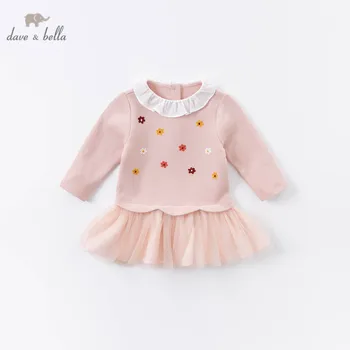 DBZ15256 dave bella rudenį baby girl mielas gėlių spausdinti tinklelio suknelė vaikų mados šalis suknelė vaikams kūdikiams lolita drabužiai