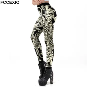 FCCEXIO Gotikos Stiliaus Antblauzdžiai Moterims Puras Skeletas Spausdinti Leggins Treniruotės Kelnes Kaukolė Karnavalas Cosplay Kelnės Sexy Fitneso 2021