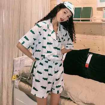 Vasaros Mielas Krokodilas Pyjama Saldus Moterų Įpjovomis Sleepwear trumpomis Rankovėmis Viršūnes+Šortai+Blinder Namų Kostiumas 3pcs Lingerie Sexy S993