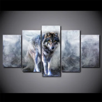 Modulinė Drobės HD Spaudinių Plakatas Sienos Menas 5 vnt Baltų Dūmų Wolf Dažymo Už Kambarį Namų Dekoro Gyvūnų Nuotraukos Sistemą