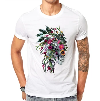 Medvilnės Hip-Hop Vyrų Punk Indijos Vyriausiasis Kaukolė T Marškinėliai Trumpomis Rankovėmis Atsitiktinis Viršūnes Gėlių Gėlių Atspausdintas T-Shirt White Tee