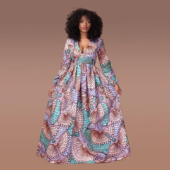 2020 m. Afrikos Suknelės Moterims Aukšto Juosmens Dashiki Visą Rankovėmis V-kaklo, Plius Dydis Ponios Apdaras Naujųjų Metų Šaliai Folk-custom Drabužiai