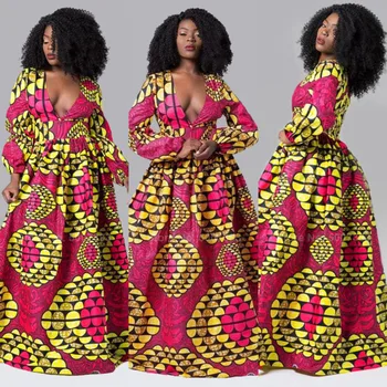 2020 m. Afrikos Suknelės Moterims Aukšto Juosmens Dashiki Visą Rankovėmis V-kaklo, Plius Dydis Ponios Apdaras Naujųjų Metų Šaliai Folk-custom Drabužiai