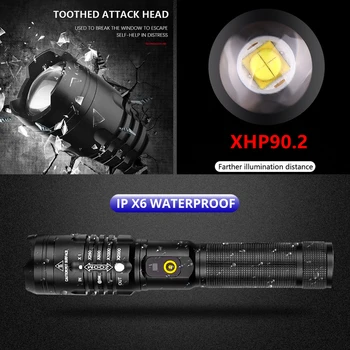 Atnaujintas XHP90.2 Labiausiai Galingas LED Žibintuvėlis, Micro Usb Įkrovimo Zoom Kišeninis Žibintuvėlis Šviesos XHP70 XHP50 Žibintuvėlis 18650