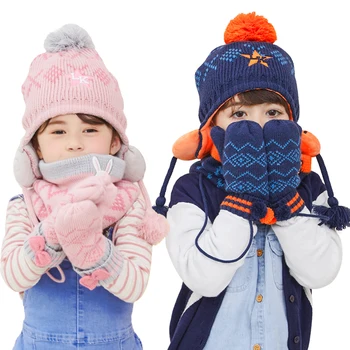 Naujas 2019 Žiemos Mergaitės Skrybėlę Šalikas Pirštinės 3pcs Nustatyti Šiltas Vaikai Storio Skrybėlę ir Skara Apykaklės Vaikų Berniukų Beanies Kepurės Kaklo Šildytuvus Pirštinės