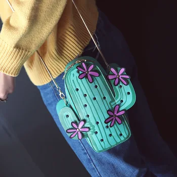 Moterų siuvinėjimo gėlės mini grandinės pečių maišą mielas žalias kaktusas formos krepšys atvartu mažas desinger crossbody krepšys moterims