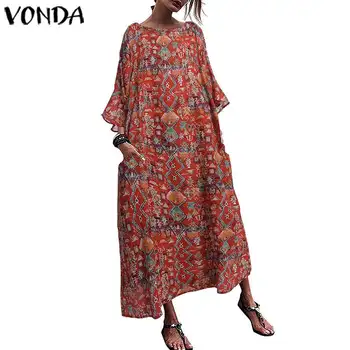VONDA Moterų Vintage Suknelė 3/4 Rankovėmis Varpo Spausdinti Maxi Ilgio Suknelės 2021 M. Pavasario Vasaros Sundress Atsitiktinis Palaidų Šalies Vestidos 5XL