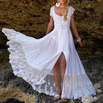 Moterys Vasarą vientisos Spalvos Plonas Ilgas Suknelė Panele Gana Nėrinių Suknelės Moterims Plisuotos Maxi Suknelė Bohemijos Suknelė Balta Suknelė