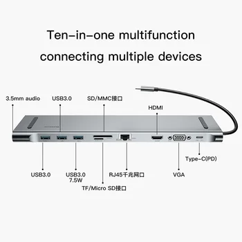 Baseus USB C HUB Visus į Vieną C Tipo HDMI VGA, RJ45 SD/TF Kortelių Skaitytuvas Audio Converter USB Skirstytuvo 