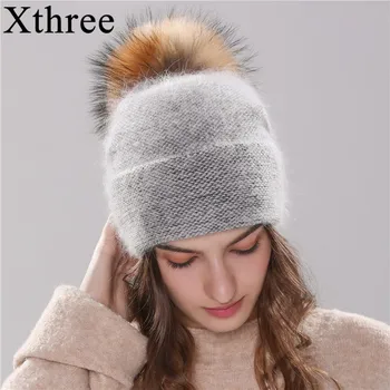 Xthree naujos moteriškos kepurės žiemai megzti beanie skrybėlių Angola Triušio kailio variklio Dangčio girl 's hat rudenį moteriška kepurė su kailiu pom pom